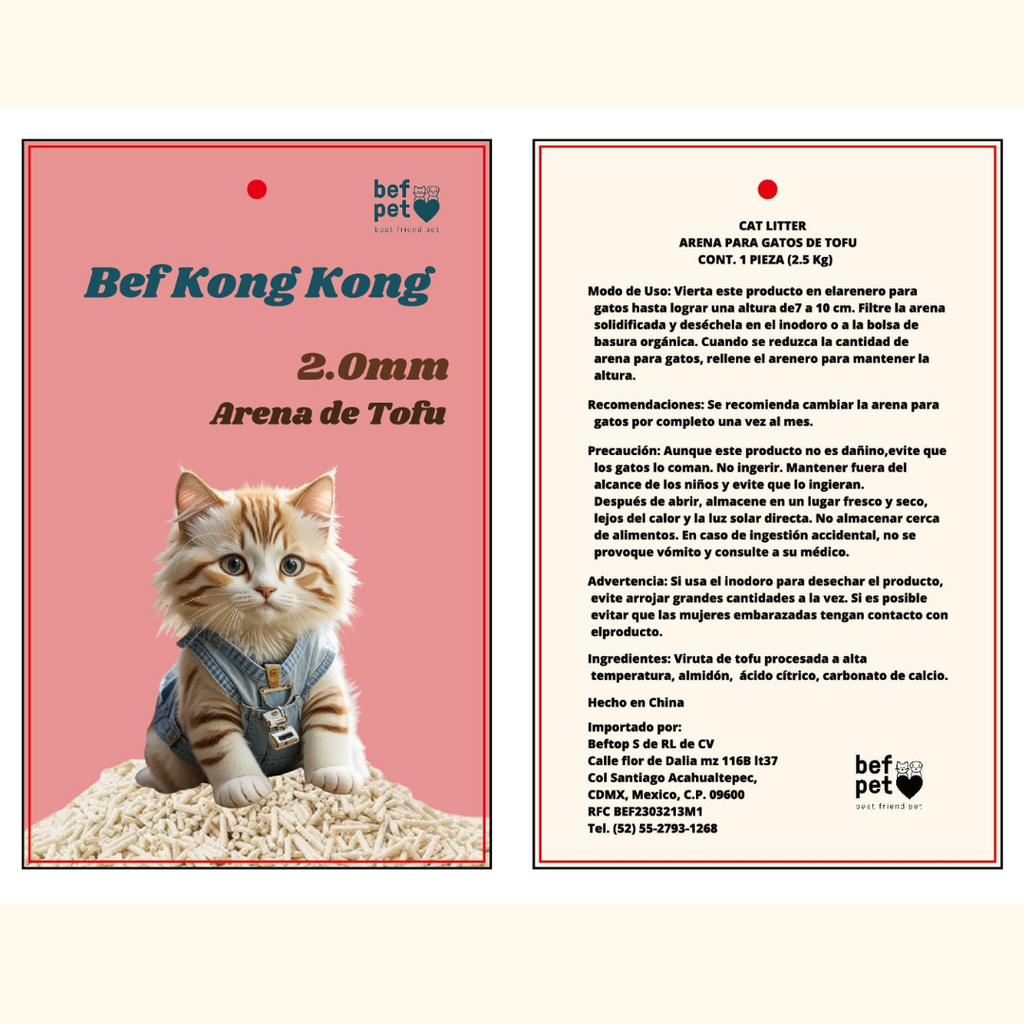 Arena para Gatos Bef Kong Kong Tofu Pellets 2.0 mm 100% Biodegradable 2.5 kg