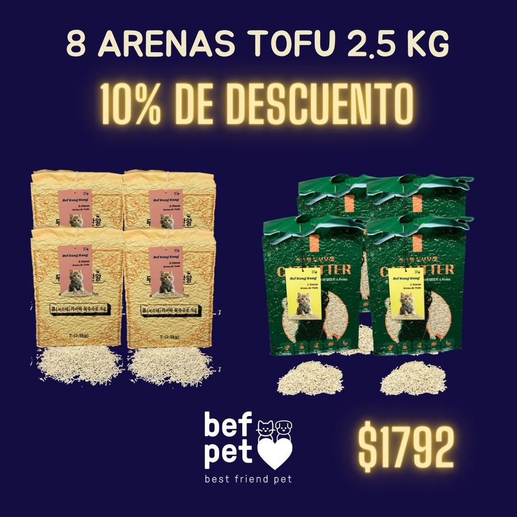 PROMO PACK 8 PIEZAS DE ARENA DE TOFU 2.5 KG 10% DE DESCUENTO